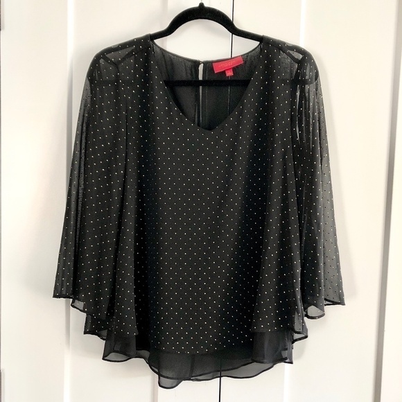 Jennifer Lopez, Layered, Chiffon, Blouse, 3/4 Sleeves, Black, Gold Dots, Size S - Picture 2 of 12